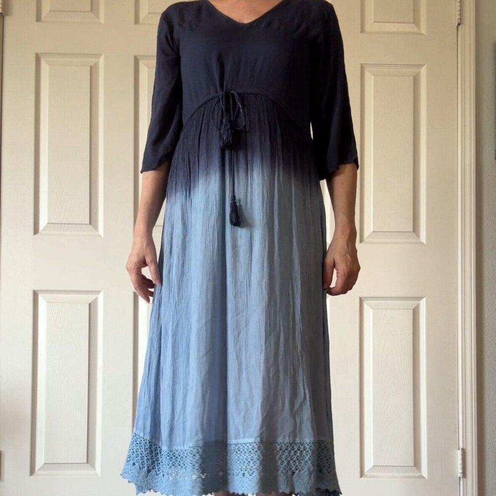 Blue Ombre Midi Dress Womens S 3/4 Sleeve Crochet Lace Boho Rayon Cute Options